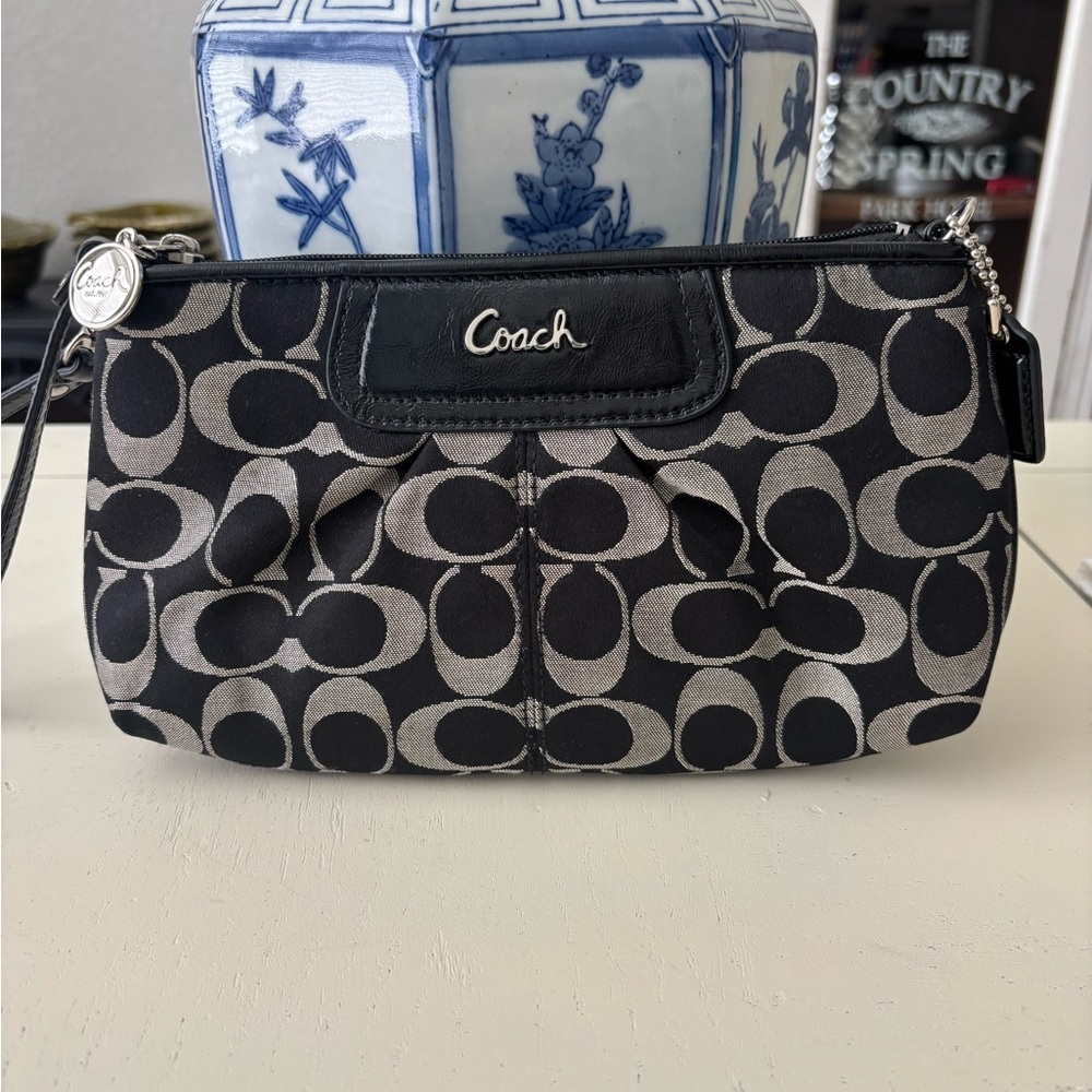 Coach Black & Gray Signature Canvas Wristlet
